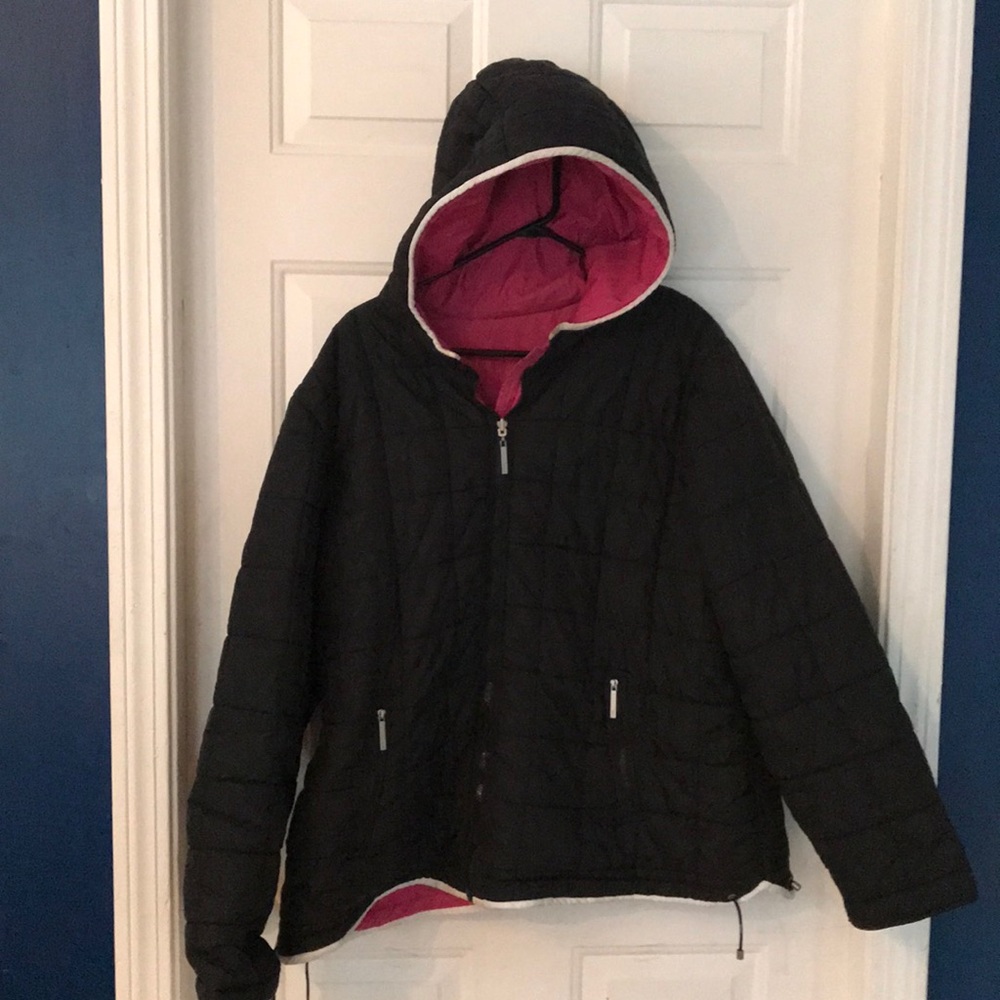 Black down winter coat with pink reverse